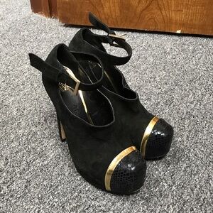 Black Suede Ankle-Strap Heels with Gold Toe Trim